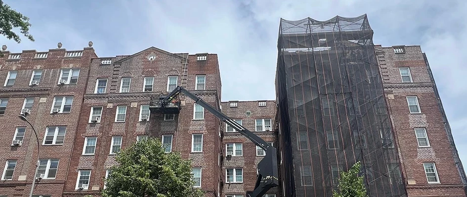 Building restoration in progress in Jackson Heights, NY